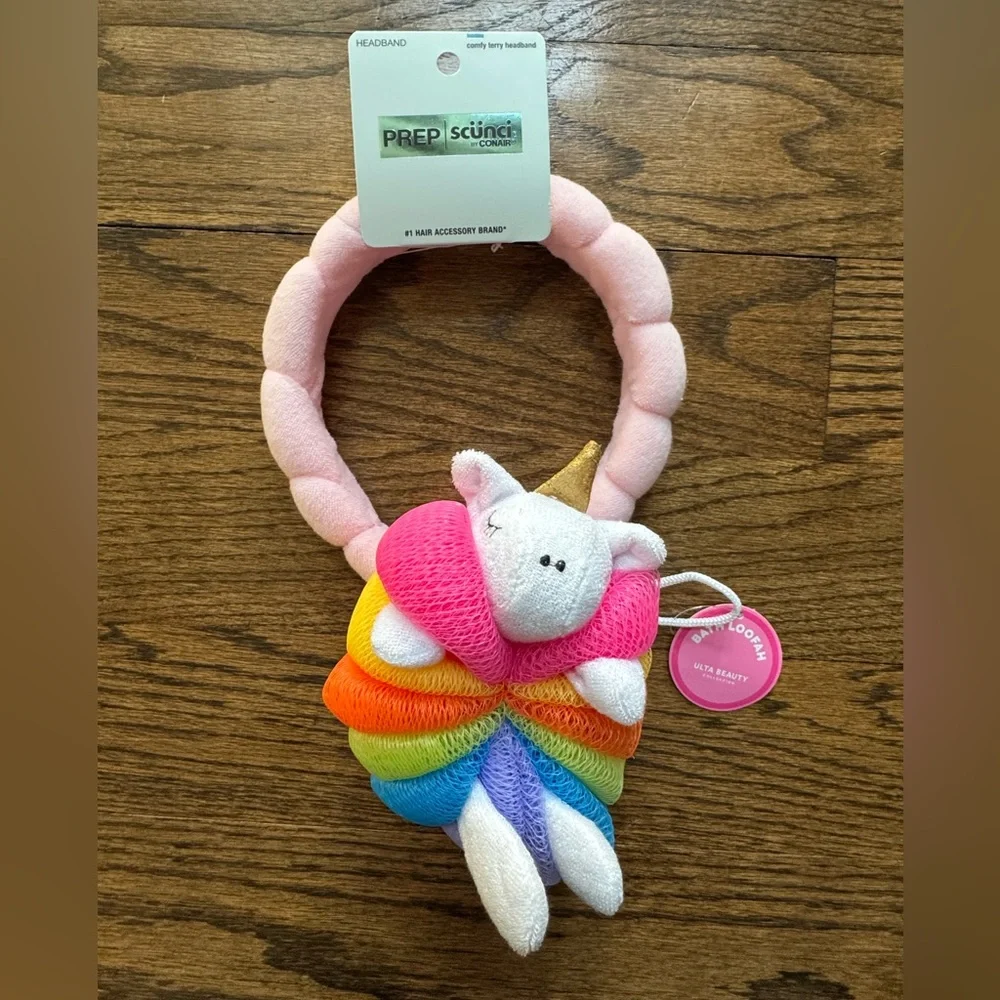 NWT Scünci Soft Pink Rounded Terry Headband + Ulta Unicorn Loofah Set